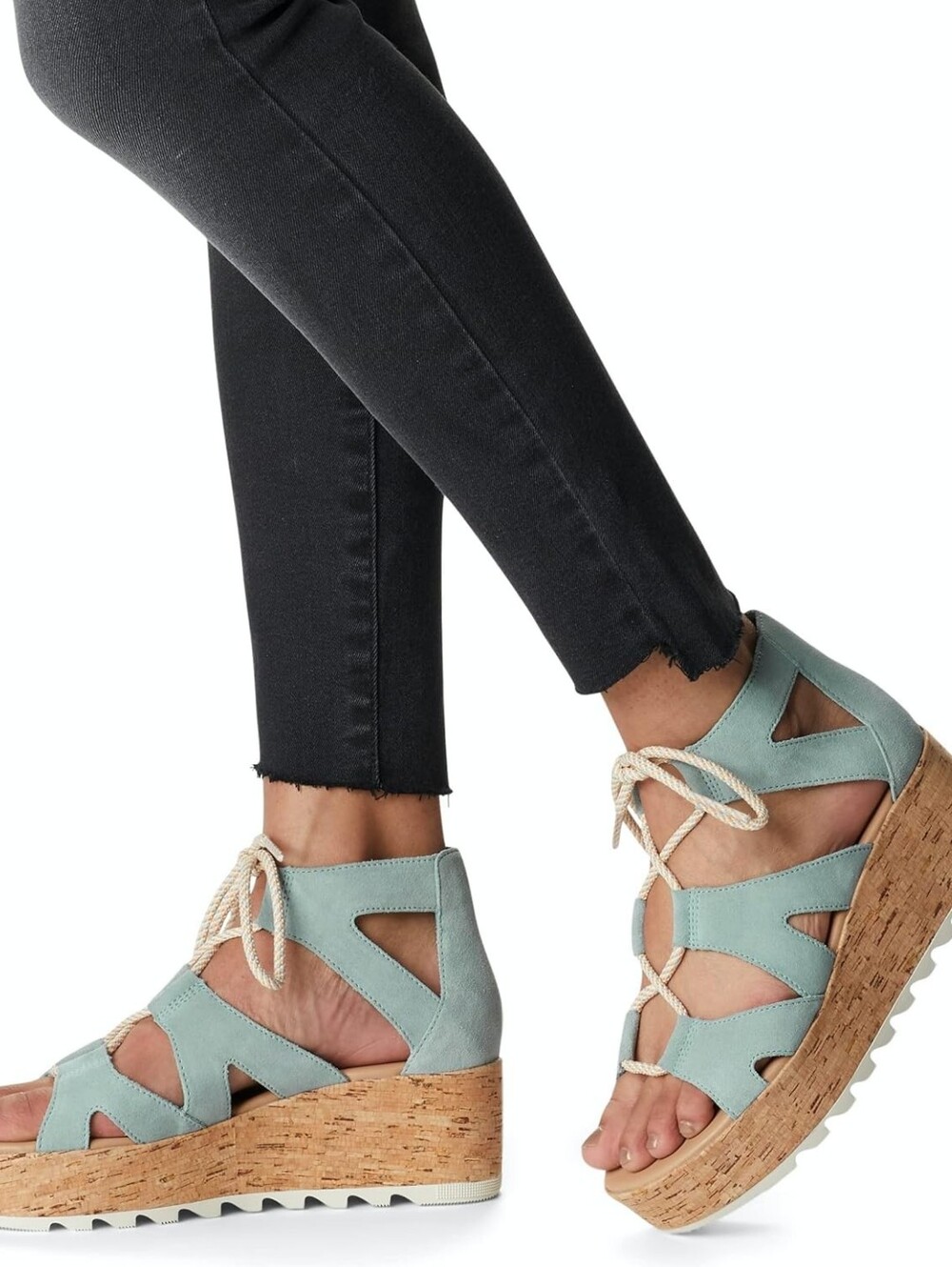 Sorel Joanie III Lace-Up Wedge Sandals Blue Suede Cork Platform Women’s 8.5